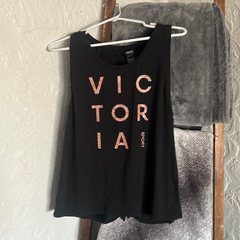 Victoria secret sport black with rose gold glitter writing tank top